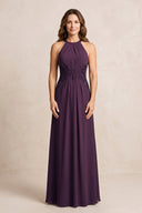 Plum A-Line Chiffon Embroidered Halter Mother of the Bride Dress | KISSBRIDAL