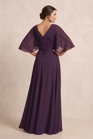 Plum A-Line Embroidered Chiffon Mother of the Bride Dress With Sleeves (2) | KISSBRIDAL