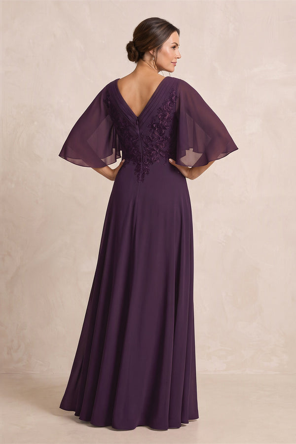 Plum A-Line Embroidered Chiffon Mother of the Bride Dress With Sleeves (2) | KISSBRIDAL