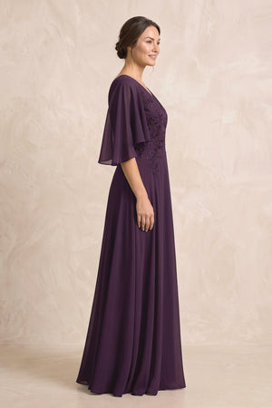 Plum A-Line Embroidered Chiffon Mother of the Bride Dress With Sleeves (3) | KISSBRIDAL
