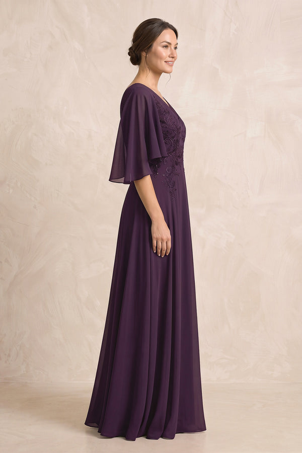 Plum A-Line Embroidered Chiffon Mother of the Bride Dress With Sleeves (3) | KISSBRIDAL