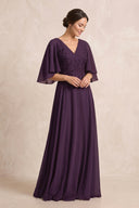 Plum A-Line Embroidered Chiffon Mother of the Bride Dress With Sleeves | KISSBRIDAL