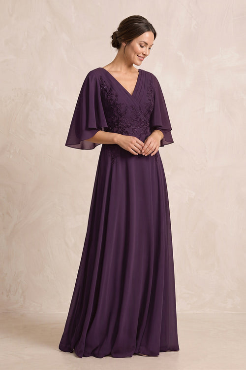 Plum A-Line Embroidered Chiffon Mother of the Bride Dress With Sleeves | KISSBRIDAL