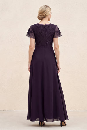 Plum A-Line Embroidered V-Neck Chiffon Mother of the Bride Dress (2) | KISSBRIDAL