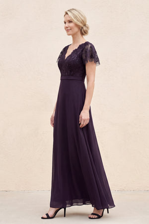 Plum A-Line Embroidered V-Neck Chiffon Mother of the Bride Dress (3) | KISSBRIDAL