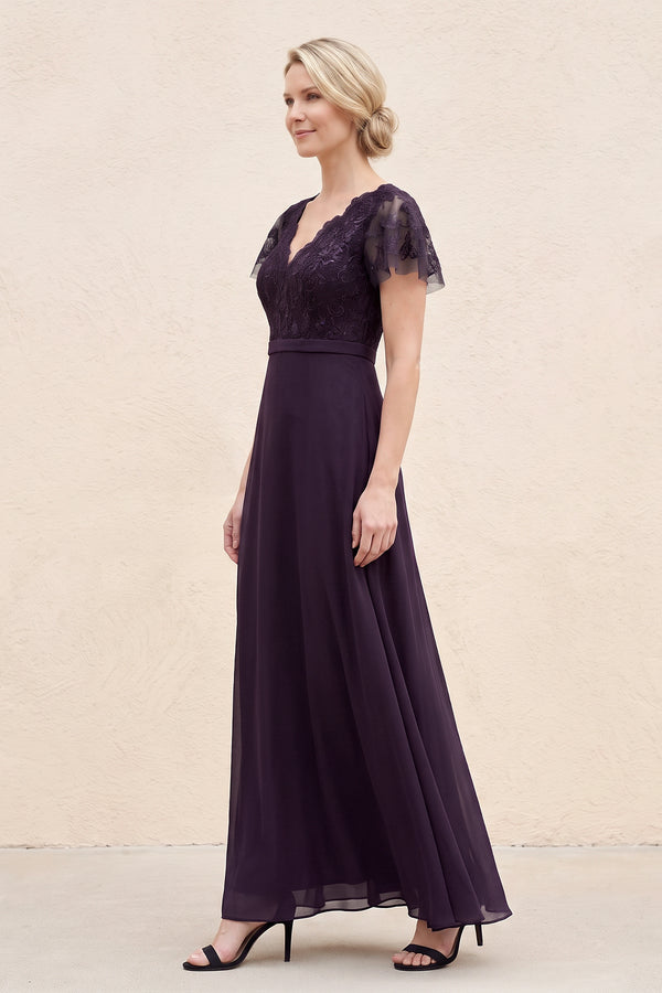 Plum A-Line Embroidered V-Neck Chiffon Mother of the Bride Dress (3) | KISSBRIDAL