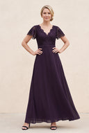Plum A-Line Embroidered V-Neck Chiffon Mother of the Bride Dress | KISSBRIDAL