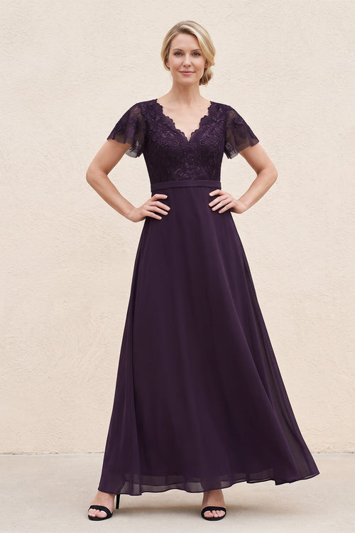 Plum A-Line Embroidered V-Neck Chiffon Mother of the Bride Dress | KISSBRIDAL