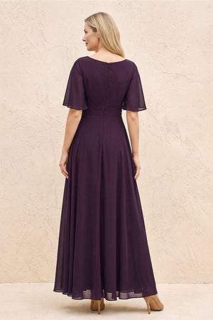 Plum A-Line Flutter Sleeves Chiffon Mother of the Bride Dress (2) | KISSBRIDAL