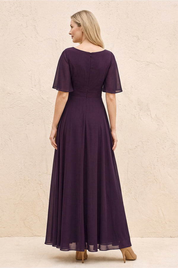 Plum A-Line Flutter Sleeves Chiffon Mother of the Bride Dress (2) | KISSBRIDAL