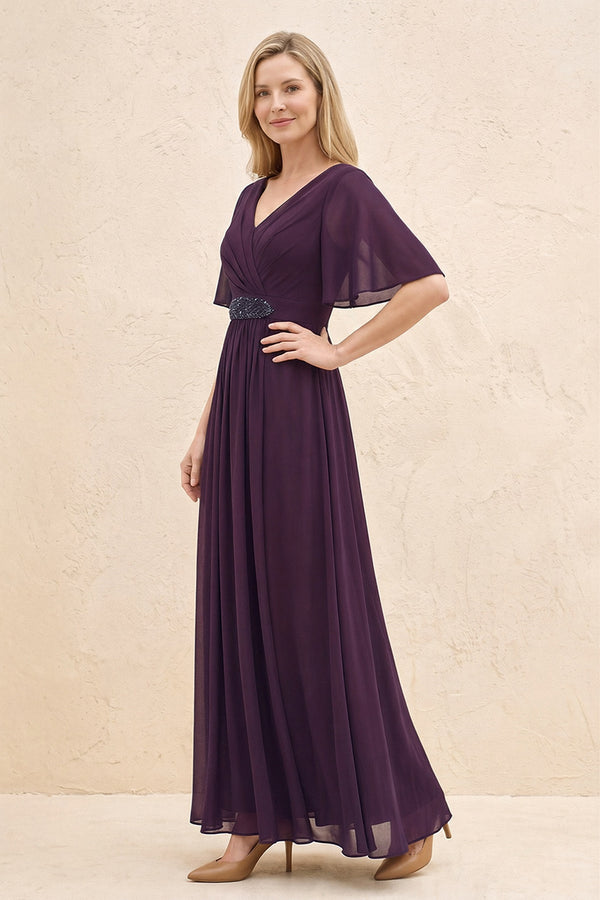 Plum A-Line Flutter Sleeves Chiffon Mother of the Bride Dress (3) | KISSBRIDAL