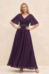 Plum A-Line Flutter Sleeves Chiffon Mother of the Bride Dress | KISSBRIDAL