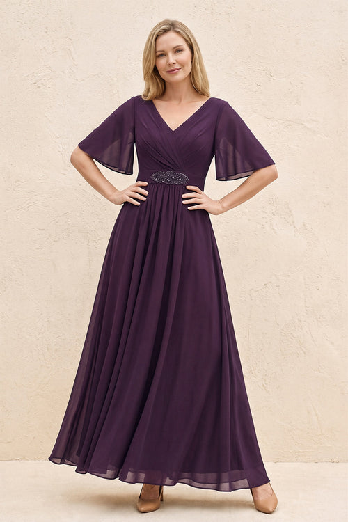 Plum A-Line Flutter Sleeves Chiffon Mother of the Bride Dress | KISSBRIDAL