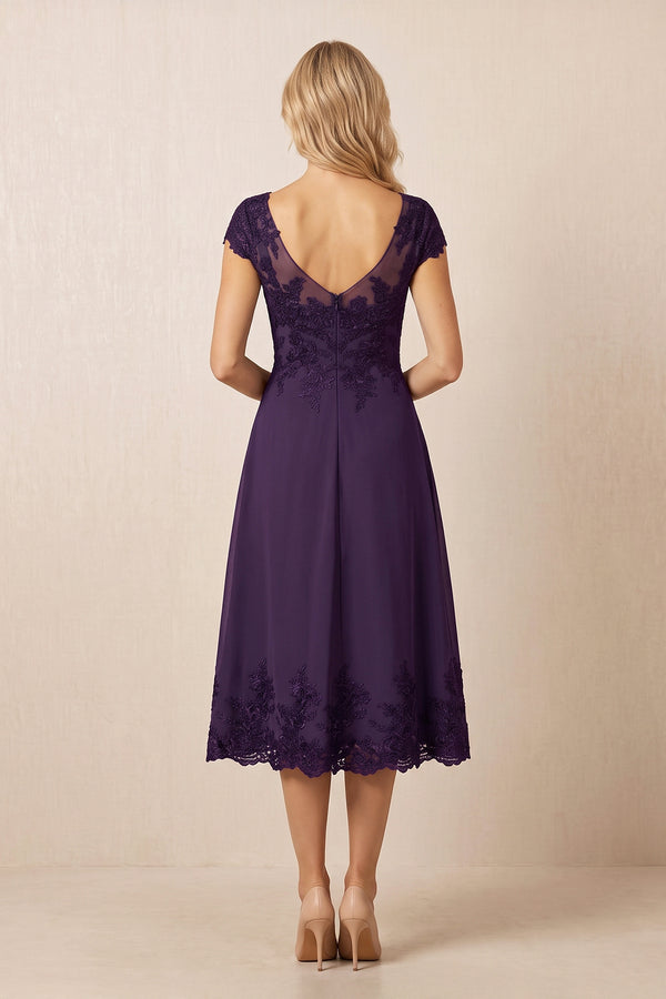 Plum A-Line Illusion Neck Satin Embroidered Midi Mother of the Bride Dress (2) | KISSBRIDAL