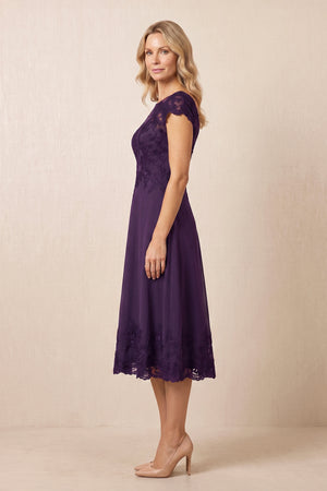 Plum A-Line Illusion Neck Satin Embroidered Midi Mother of the Bride Dress (3) | KISSBRIDAL
