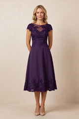 Plum A-Line Illusion Neck Satin Embroidered Midi Mother of the Bride Dress | KISSBRIDAL