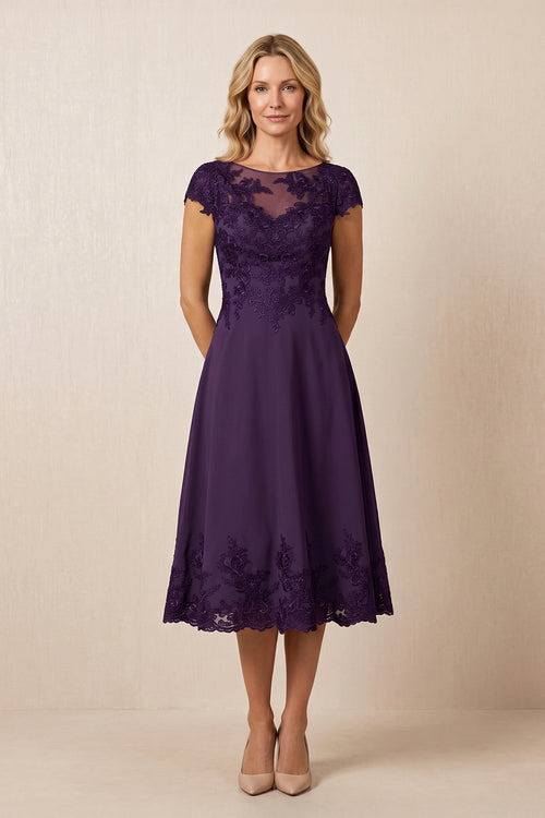 Plum A-Line Illusion Neck Satin Embroidered Midi Mother of the Bride Dress | KISSBRIDAL