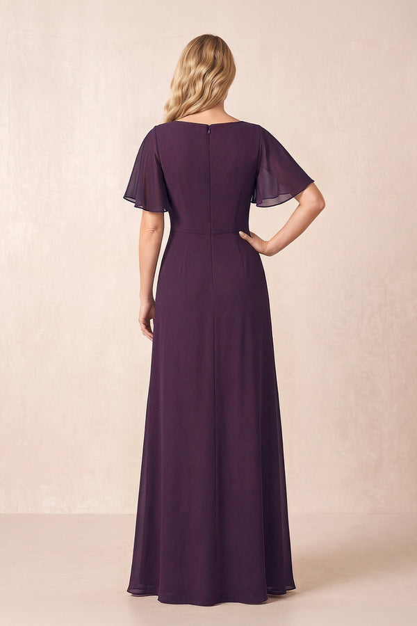 Plum A-Line Ruched Chiffon Mother of the Bride Dress with Ruffled Sleeves (2) | KISSBRIDAL