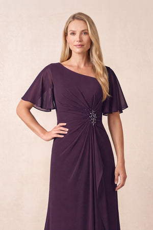 Plum A-Line Ruched Chiffon Mother of the Bride Dress with Ruffled Sleeves (3) | KISSBRIDAL