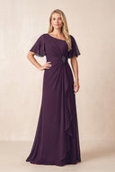 Plum A-Line Ruched Chiffon Mother of the Bride Dress with Ruffled Sleeves | KISSBRIDAL