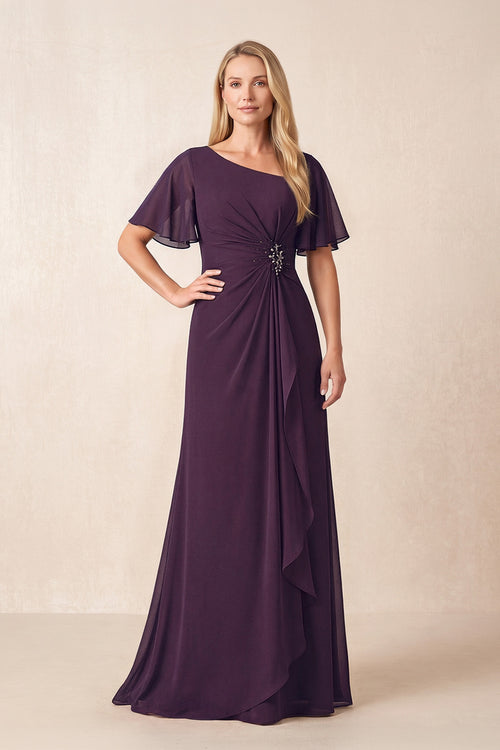 Plum A-Line Ruched Chiffon Mother of the Bride Dress with Ruffled Sleeves | KISSBRIDAL