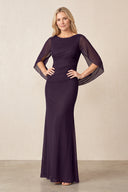 Plum Bateau Neck Sheath Mesh Mother of the Bride Dress with Sleeves (3) | KISSBRIDAL