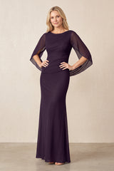 Plum Bateau Neck Sheath Mesh Mother of the Bride Dress with Sleeves (3) | KISSBRIDAL