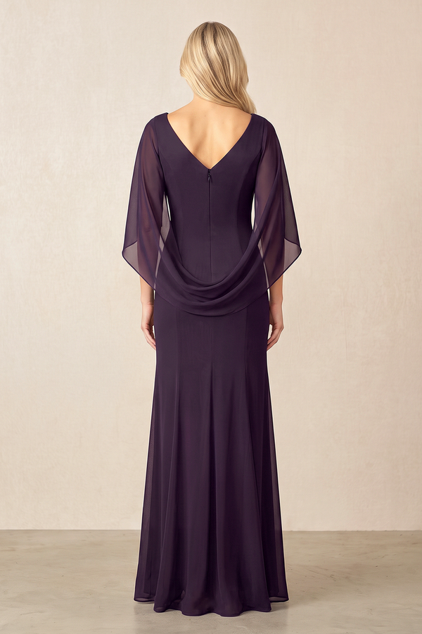 Plum Bateau Neck Sheath Mesh Mother of the Bride Dress with Sleeves | KISSBRIDAL