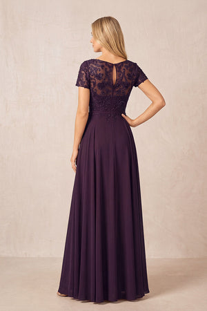 Plum Boat Neck Chiffon A-Line Embroidered Mother of the Bride Dress with Sleeves (2) | KISSBRIDAL