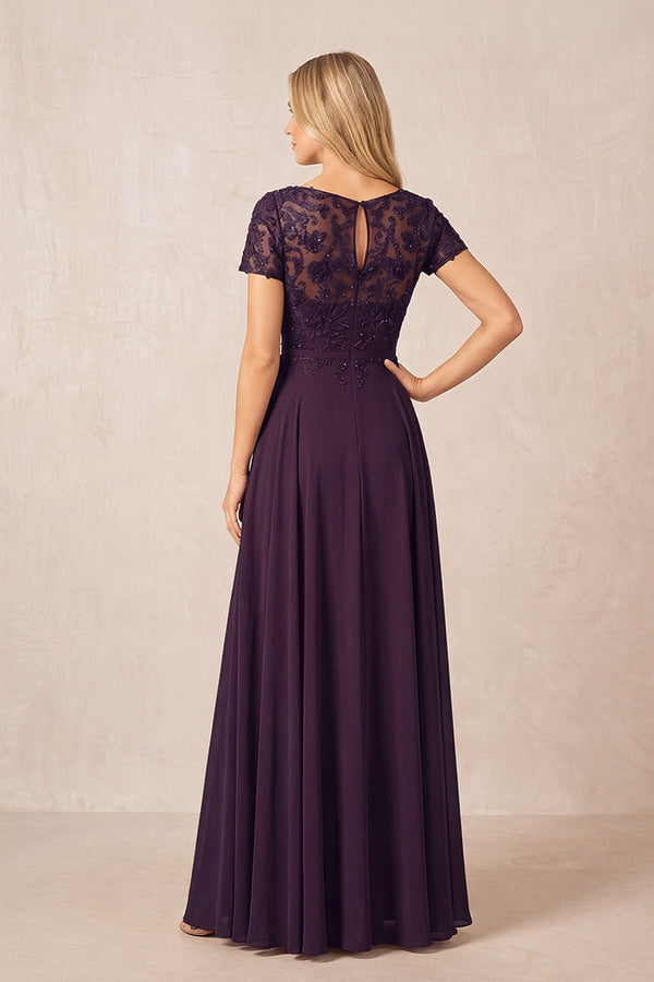 Plum Boat Neck Chiffon A-Line Embroidered Mother of the Bride Dress with Sleeves (2) | KISSBRIDAL