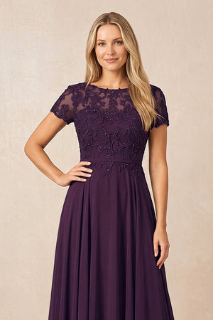 Plum Boat Neck Chiffon A-Line Embroidered Mother of the Bride Dress with Sleeves (3) | KISSBRIDAL