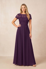 Plum Boat Neck Chiffon A-Line Embroidered Mother of the Bride Dress with Sleeves | KISSBRIDAL
