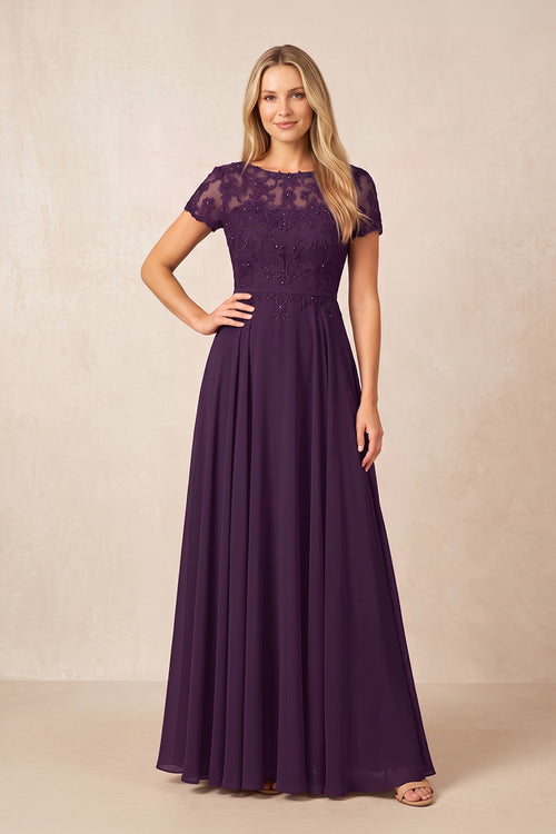 Plum Boat Neck Chiffon A-Line Embroidered Mother of the Bride Dress with Sleeves | KISSBRIDAL