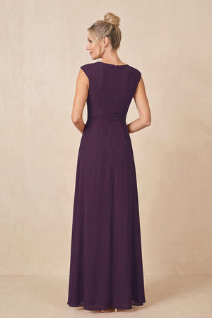 Plum Cap Sleeves A-Line Chiffon Pleated Ruffled Mother of the Bride Dress (2) | KISSBRIDAL