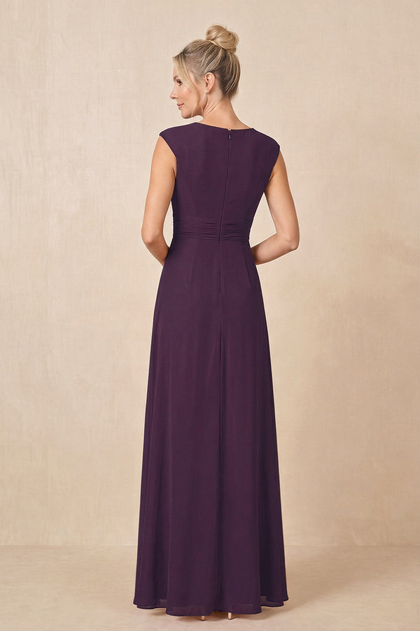 Plum Cap Sleeves A-Line Chiffon Pleated Ruffled Mother of the Bride Dress (2) | KISSBRIDAL