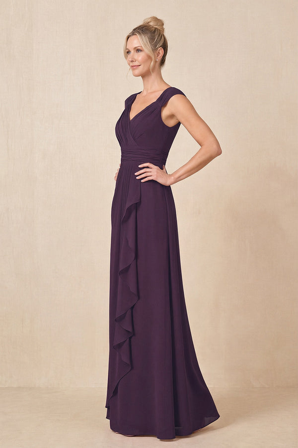 Plum Cap Sleeves A-Line Chiffon Pleated Ruffled Mother of the Bride Dress (3) | KISSBRIDAL