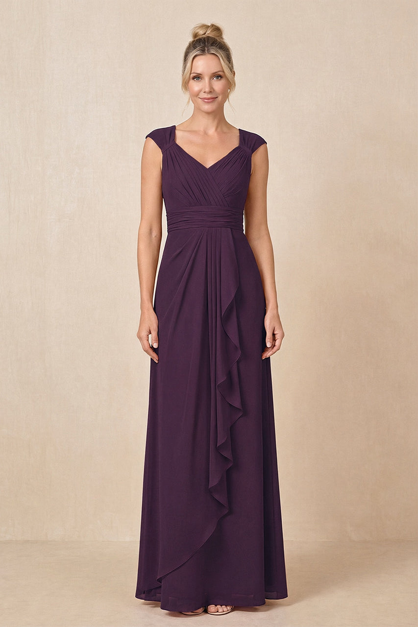 Plum Cap Sleeves A-Line Chiffon Pleated Ruffled Mother of the Bride Dress