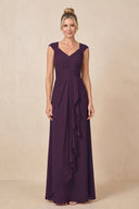Plum Cap Sleeves A-Line Chiffon Pleated Ruffled Mother of the Bride Dress | KISSBRIDAL