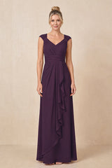 Plum Cap Sleeves A-Line Chiffon Pleated Ruffled Mother of the Bride Dress | KISSBRIDAL