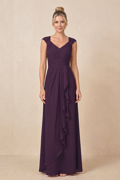 Plum Cap Sleeves A-Line Chiffon Pleated Ruffled Mother of the Bride Dress | KISSBRIDAL
