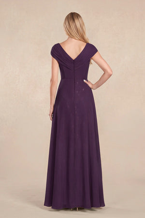 Plum Cap Sleeves Chiffon A-Line Lace V-Neck Mother of the Bride Dress (2) | KISSBRIDAL