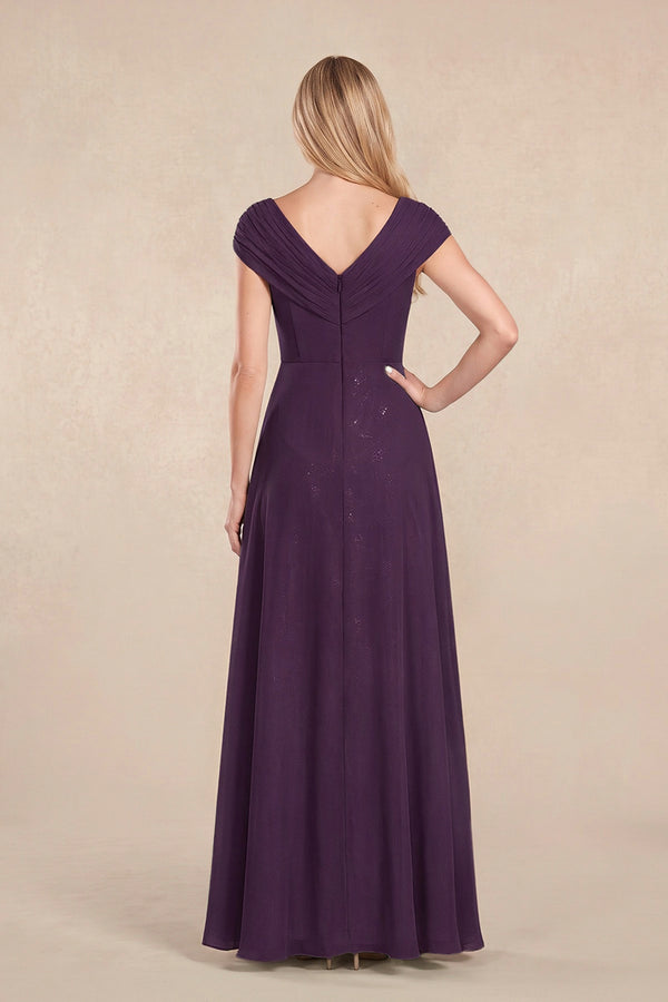Plum Cap Sleeves Chiffon A-Line Lace V-Neck Mother of the Bride Dress (2) | KISSBRIDAL