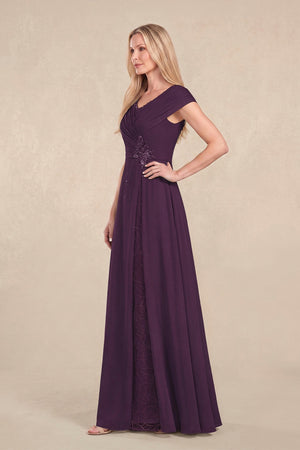 Plum Cap Sleeves Chiffon A-Line Lace V-Neck Mother of the Bride Dress (3) | KISSBRIDAL