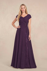 Plum Cap Sleeves Chiffon A-Line Lace V-Neck Mother of the Bride Dress | KISSBRIDAL