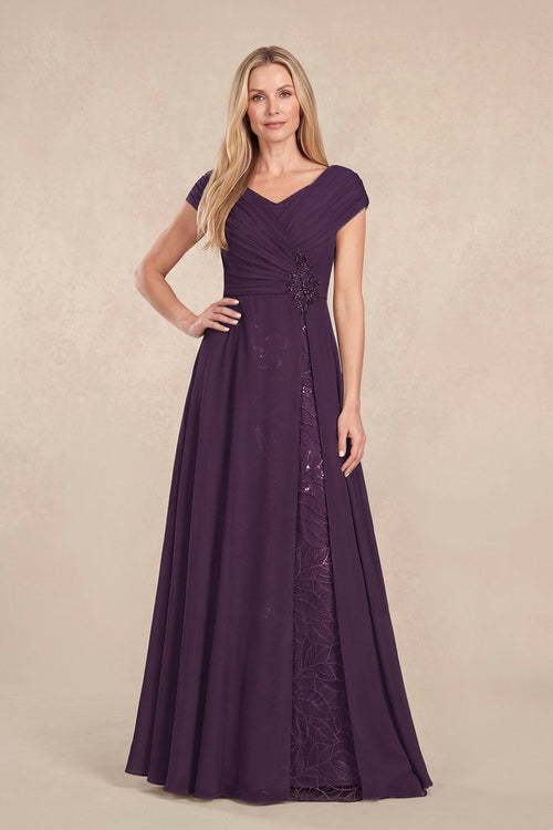 Plum Cap Sleeves Chiffon A-Line Lace V-Neck Mother of the Bride Dress | KISSBRIDAL