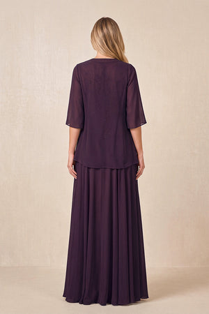 Plum Cape Sleeves A-Line Chiffon Scoop Neck Embroidered Mother of the Bride Dress (2) | KISSBRIDAL