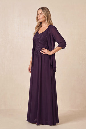 Plum Cape Sleeves A-Line Chiffon Scoop Neck Embroidered Mother of the Bride Dress (3) | KISSBRIDAL