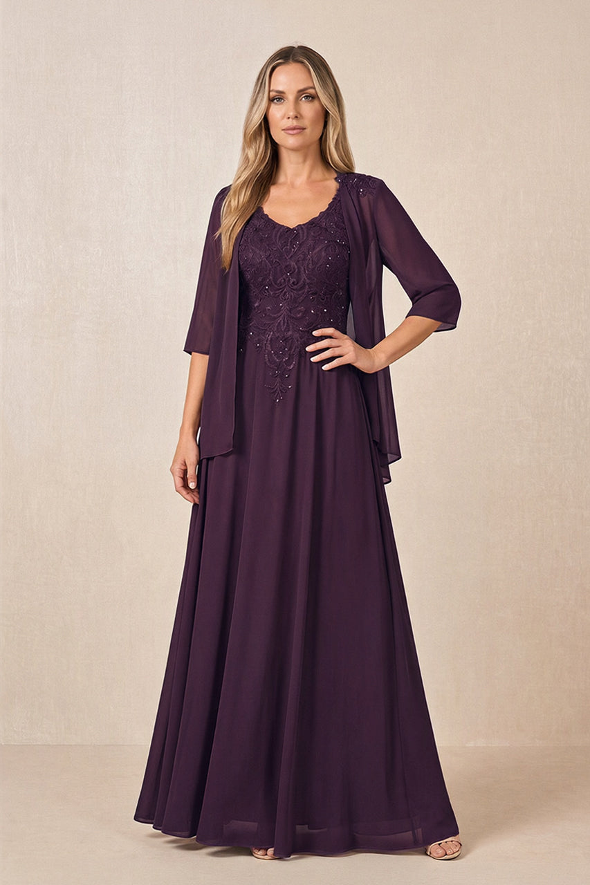 Plum Cape Sleeves A-Line Chiffon Scoop Neck Embroidered Mother of the Bride Dress