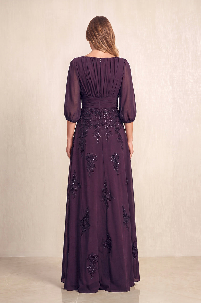 Plum Chiffon A-Line Embroidered Boat Neck Long Mother of the Bride Dress