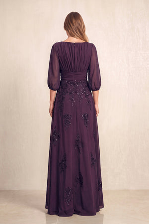 Plum Chiffon A-Line Embroidered Boat Neck Long Mother of the Bride Dress (2) | KISSBRIDAL